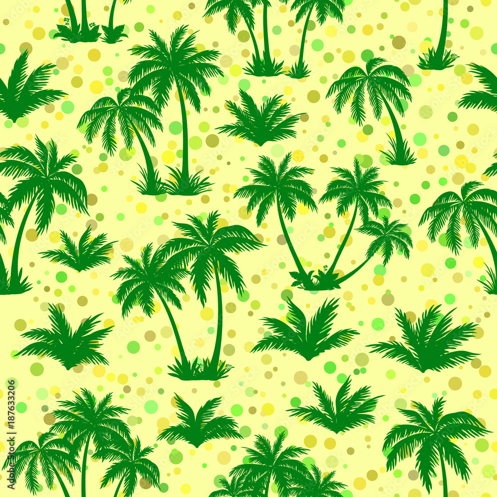 Exotic Seamless Pattern, Tropical Landscape, Palms Trees Green Silhouettes on Abstract Tile Background. Vector
