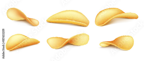 3D vector set of golden potato chips isolated on white background. Crispy snacks, fast food, unhealthy fat high-calorie meal. Illustration in realistic style. Clipart for product package, ad, banner
