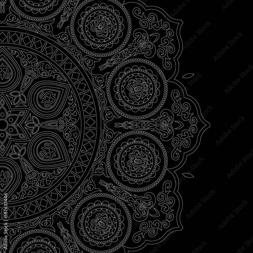 Delicate white mandala pattern in boho style on black background Delicate white mandala pattern in boho style on black background