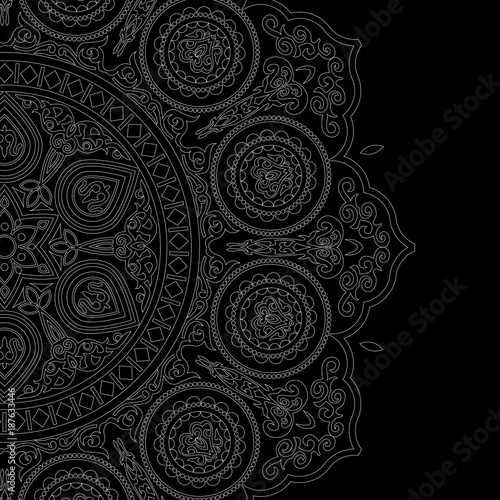 Delicate white mandala pattern in boho style on black background