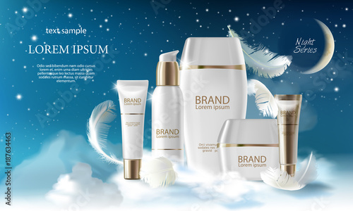 Vector realistic skin care big night series. Jar, spray, tube, container with cosmetic cream on night background with clouds. 3d template mock up for branding to promote luxury cosmetic product.