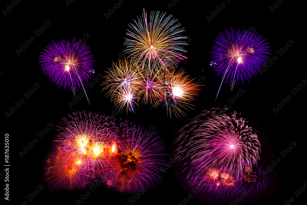 beautiful colorful firework set isolated display for celebration happy new year and merry christmas on black isolated background, fireworks new year 2018
