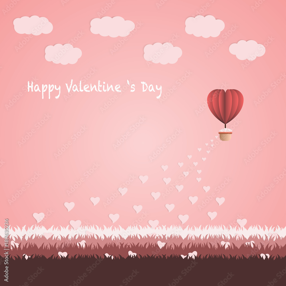 Happy valentine’s day concept. Red balloon contain the heart and flying heart on the pink and grass background.