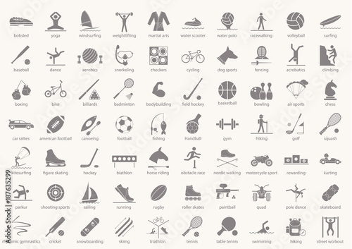 Set of sport icons in flat design with shadows. Vector illustration