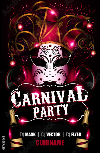 venices carnival masquerade flyer party mardi gras with mask speakers bottles confetti serptentine stars lights 