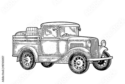 Retro pickup truck with wood barrel. Side view. Vintage black engraving