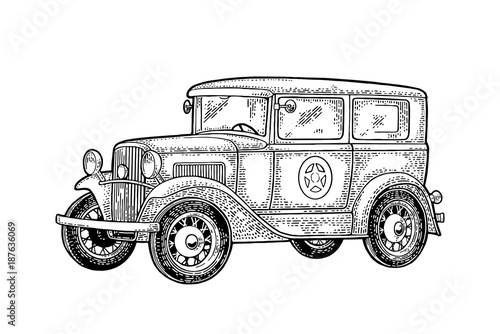 Retro police car sedan with sheriff star. Vintage black engraving