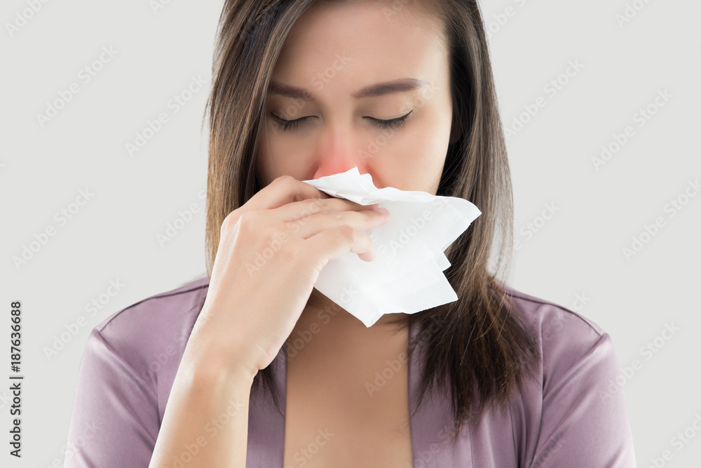 Asian Women In Satin Nightwear Feeling Unwell And Sneeze Against White Background, Dust Allergies, Flu, People Caught Cold And Allergy Asian Women In Satin Nightwear Feeling Unwell And Sneeze Against White Background, Dust Allergies, Flu, People Caught Cold And Allergy