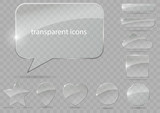 A set of glass icons or geometric shapes on a blue background. Vector graphics with the effect of transparency.
