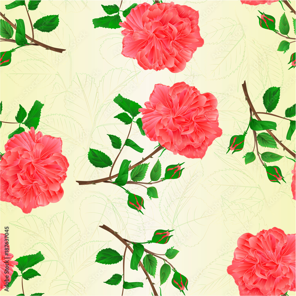 Seamless texture rose and buds pink twig with leaves on a white background vintage vector illustration editable hand draw Seamless texture rose and buds pink twig with leaves on a white background vintage vector illustration editable hand draw