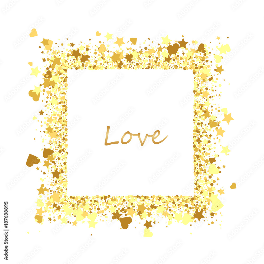 Golden splash or glittering spangles square frame with empty center for text. Golden glittering rectangle made of confetti on white background. Golden splash or glittering spangles square frame with empty center for text. Golden glittering rectangle made of confetti on white background.