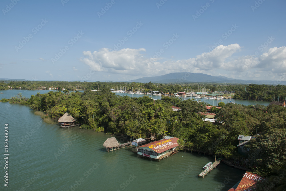 Boat anchored in waters of the River called Dulce in Izabal Guatemala, central America.