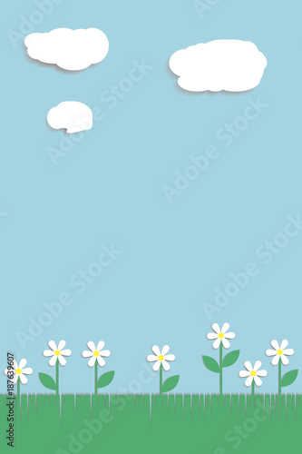 Postcard Field of daisies. Sky and clouds.