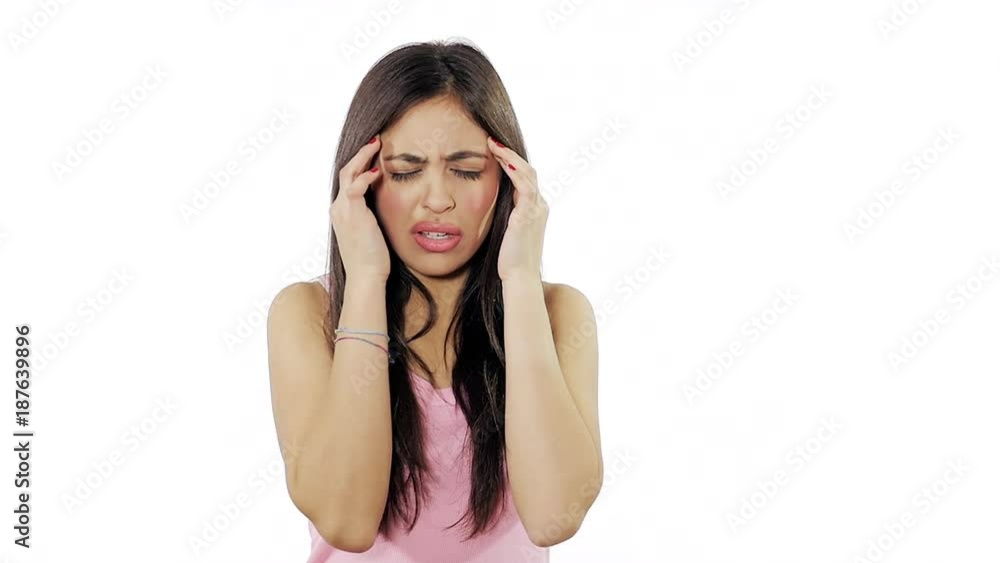 Woman with very strong headache isolated slow motion Woman with very strong headache isolated slow motion