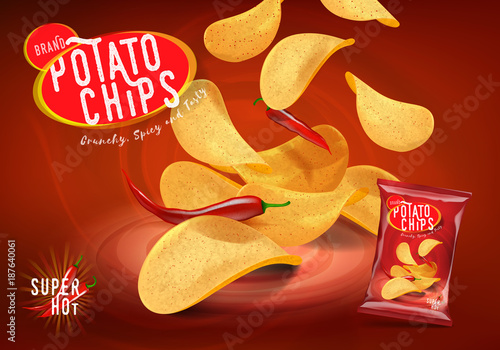 Spicy chilli potato chips advertisement, chips with chillies flavor in 3d illustration.
