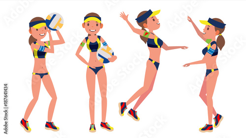 Female Beach Volleyball Player Vector. Professional Athlete. Players In Different Position. Sportswoman Games. Flat Cartoon Illustration