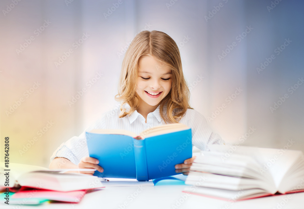 happy smiling student girl reading book happy smiling student girl reading book
