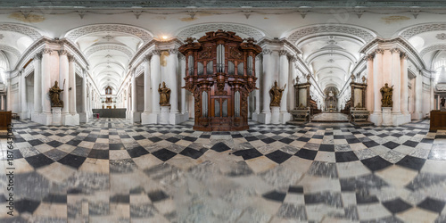 Abbey Floreffe in Belgium 360-degree panoramic interior view, old and majestic