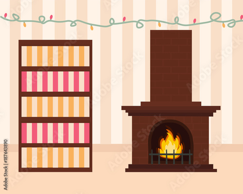 Cozy living room in pastel colors with a lighted fireplace