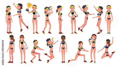 Woman Beach Volleyball Player Vector. Sporting Championship People. Different Position. Cartoon Character Illustration
