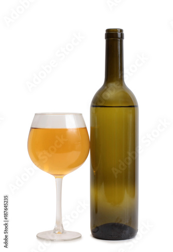 Glass and bottle wine on white background