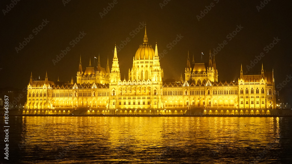 Parliament building view at night in Budapest, Hungary