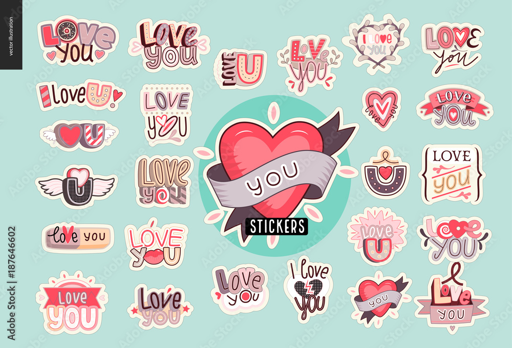 Set of contemporary girlie Love You letter logo. A set of vector patches, logo and letter composition. Vector stickers kit. Set of contemporary girlie Love You letter logo. A set of vector patches, logo and letter composition. Vector stickers kit.