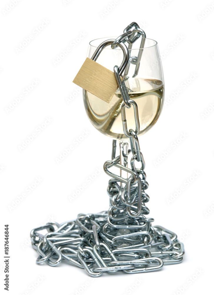 Obraz premium Quit Drinking Alcohol Concept, Isolated on White Background, with a Padlock and chain to stop you from using it