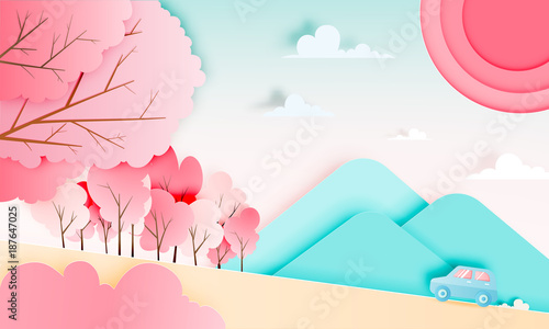 Road trip with car and natural pastel color scheme backgroud