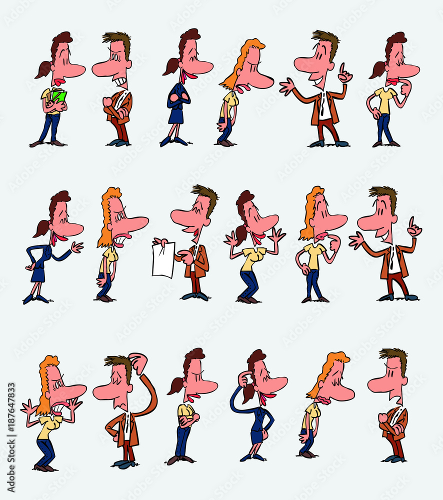 18 office workers characters in a different variations. The characters are angry, sad, happy, doubting.  Vector illustration to isolated and funny cartoons characters.