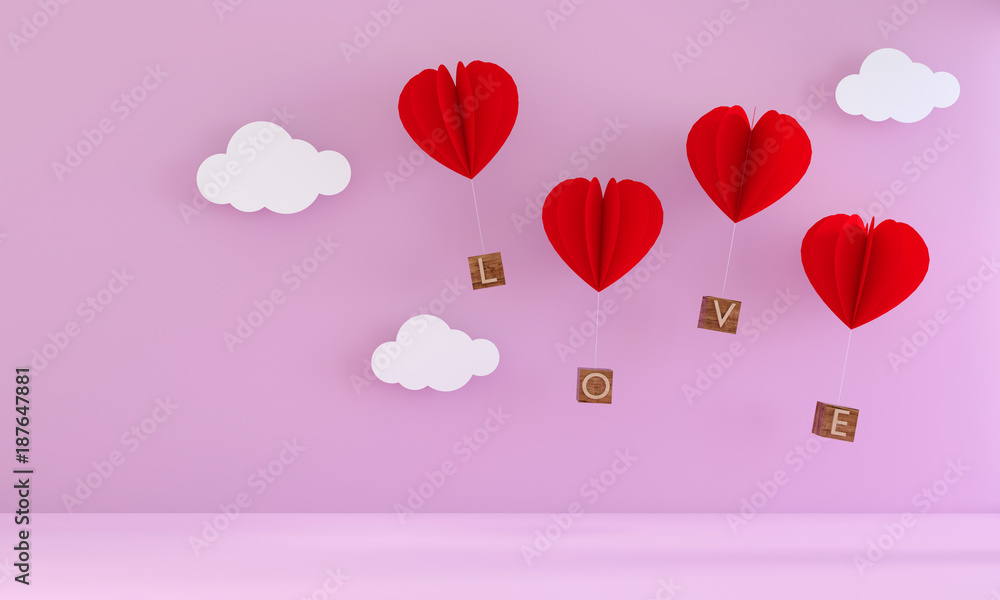 Red heart balloon paper cut and love made of wood in pink room, valentine's day concept, 3D rendering