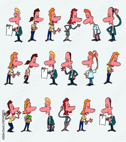 18 office workers characters in a different variations. The characters are angry  sad  happy  doubting.  Vector illustration to isolated and funny cartoons characters.