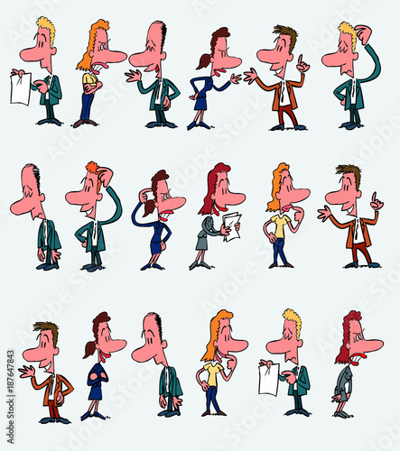 18 office workers characters in a different variations. The characters are angry  sad  happy  doubting.  Vector illustration to isolated and funny cartoons characters.