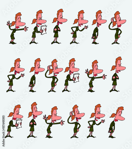 Female office worker character in a set with 18 variations. The character is angry, sad, happy, doubting.  Vector illustration to isolated and funny cartoons characters.