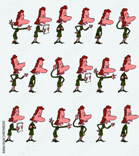 Female office worker character in a set with 18 variations. The character is angry  sad  happy  doubting.  Vector illustration to isolated and funny cartoons characters.