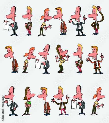 18 office workers characters in a different variations. The characters are angry, sad, happy, doubting. Vector illustration to isolated and funny cartoons characters.