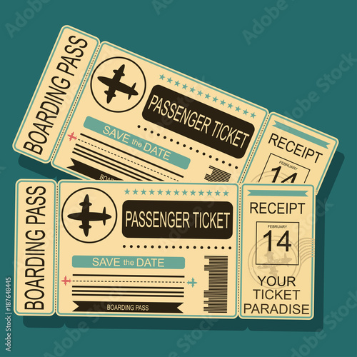Airplane boarding pass with a barcode and seal. Vector illustration in retro style isolated on background.