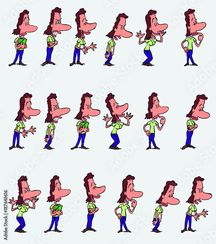 Female office worker character in a set with 18 variations. The character is angry, sad, happy, doubting. Vector illustration to isolated and funny cartoons characters.