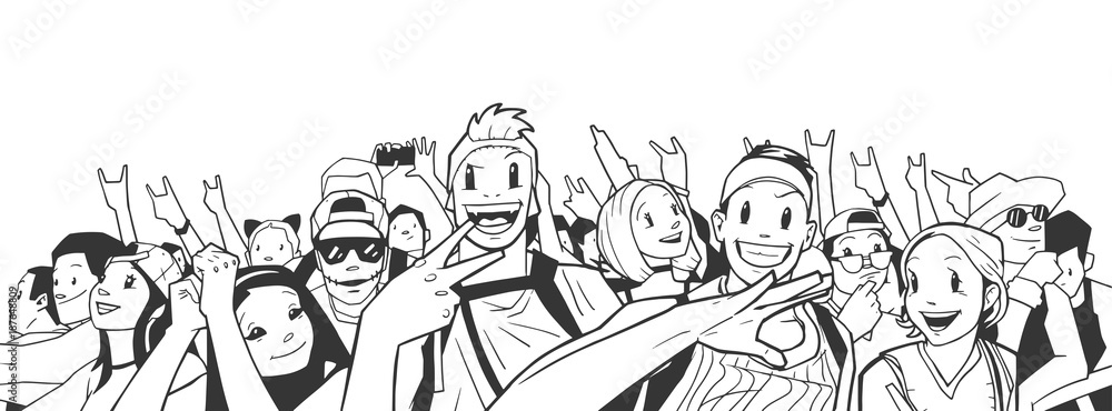 Stylized cartoon illustration of party crowd going crazy at concert in black and white