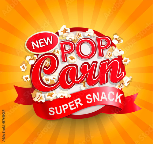 Popcorn label, symbol or sign on sunburst background. Vector illustration of super snack for your design.
