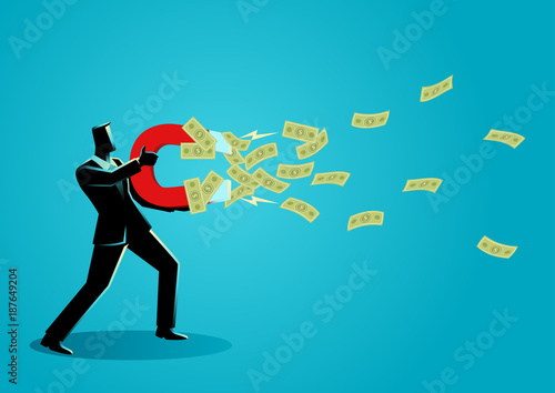 Businessman attracts money using a large magnet