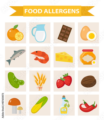 Food allergen icon set flat style. Allergy products, meal allergies. Isolated on white background. Vector illustration