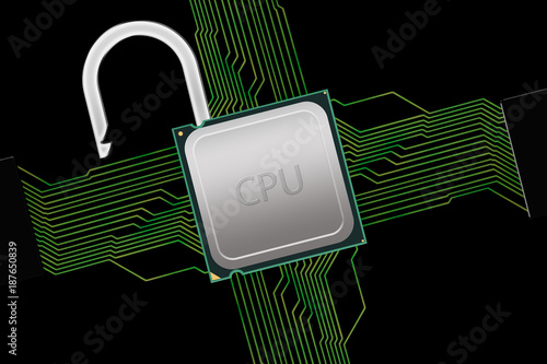 Unlocked CPU with Circuit Connections - Illustration of a CPU within a circuit which has been unlocked either to improve performance or to hack due to the Meltdown Security Flaw.