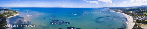 180 degree aerial panorama of beaches and resorts in the Dominican Republic.