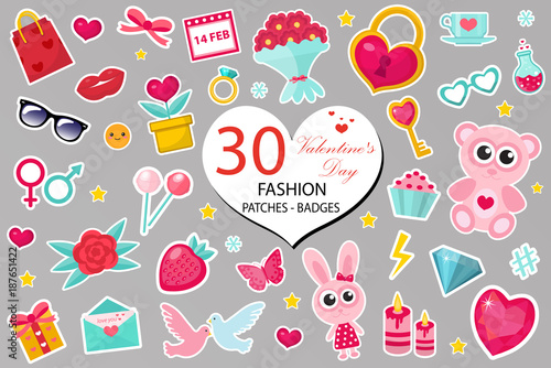 Happy Valentine's Day fashion icons set or stickers patches 80s comic style. Pins, badges collection cartoon pop art with cute symbol, heart, teddy bear, candy, kiss, gift, love. Vector illustration