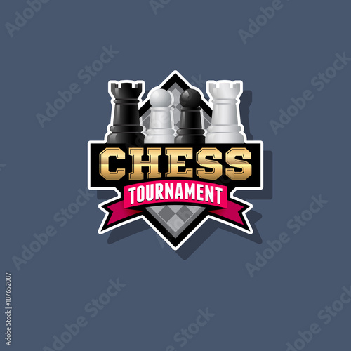 Chess tournament logo. Chess competition emblem. Chess and ribbon with letters.