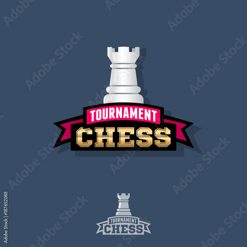 Chess tournament logo. Chess competition emblem. Chess and ribbon with letters.