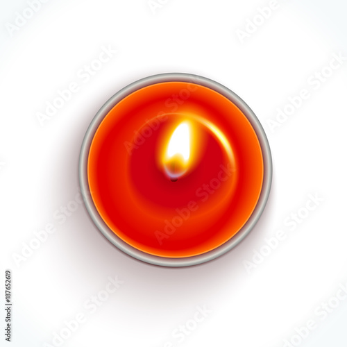 Realistic red candle in metal case isolated on white background. Table top view. Template for greeting card, invitation and various design products. Vector illustration