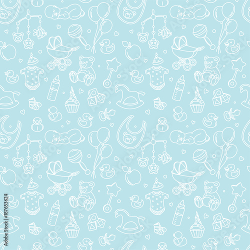 Newborn baby shower seamless pattern for textile  print  greeting cards  wrapping paper  wallpaper. For boy or girl birthday celebration party. Vector illustration design line scetch stile