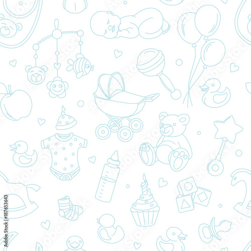 Newborn baby shower seamless pattern for textile, print, greeting cards, wrapping paper, wallpaper. For boy or girl birthday celebration party. Vector illustration design line scetch stile